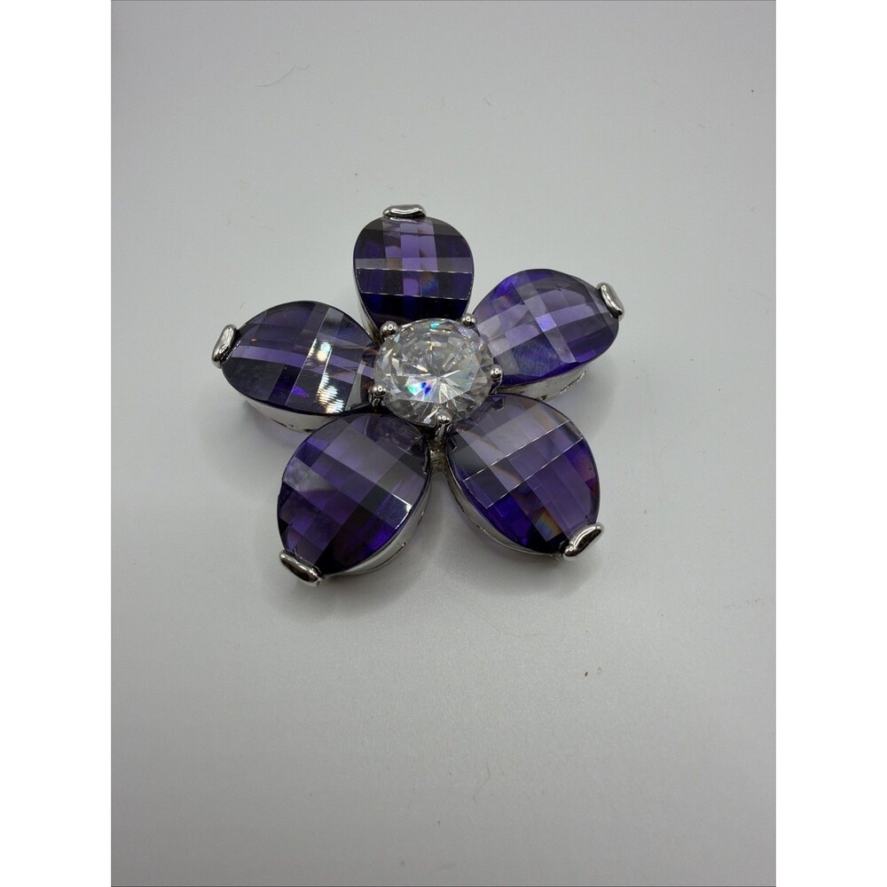 Vintage Faceted Purple Crystal Flower Brooch W CZ Center Stone